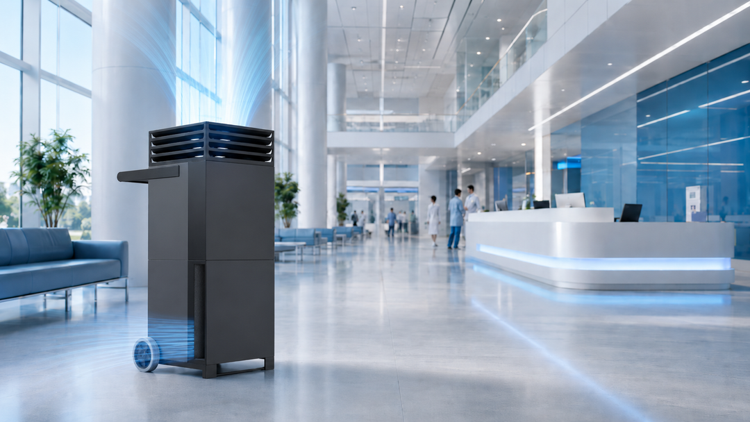 TROTEC TAC air purifier deployed in a modern hospital lobby — clinical-grade air engineering