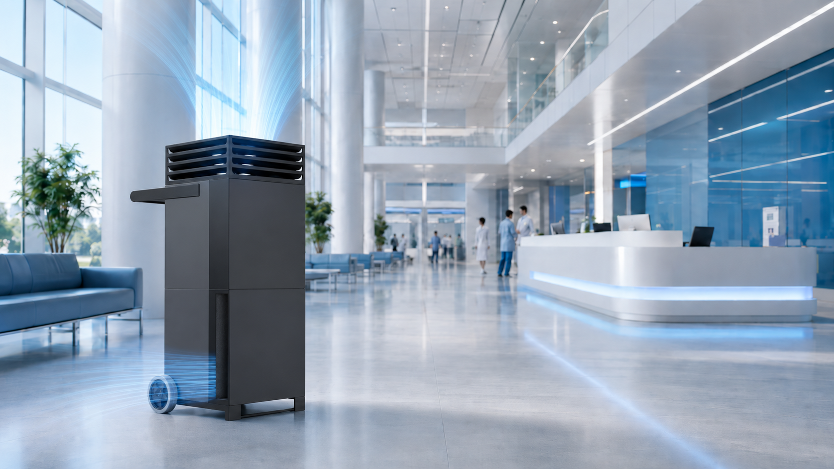 TROTEC TAC air purifier deployed in a modern hospital lobby — clinical-grade air engineering