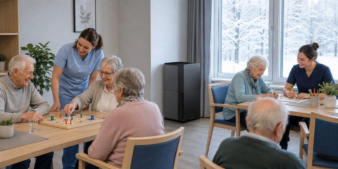 Gemeinschaftsraum im Pflegeheim im Winter mit Luftreiniger