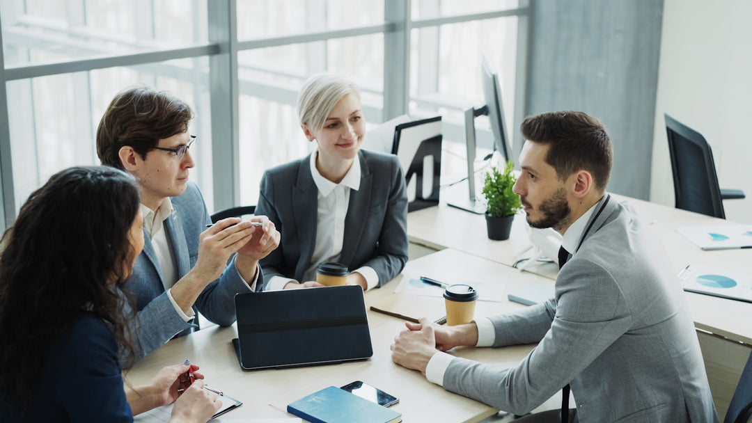Diverse business team collaborating in a modern open office
