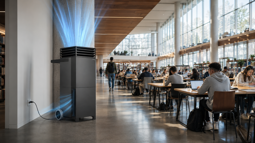 TROTEC TAC HEPA H14 air purifier in a modern university library with students studying