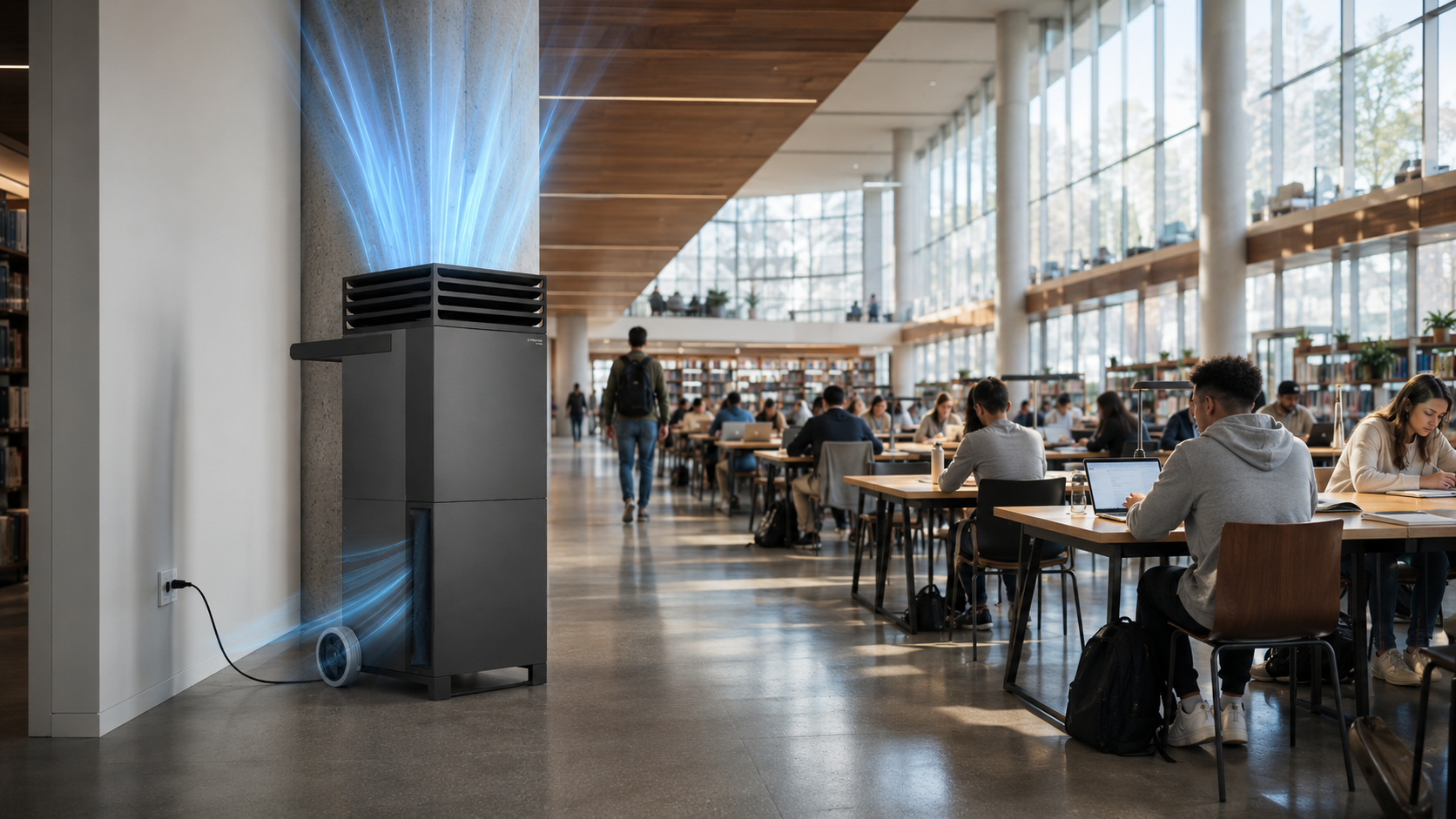 TROTEC TAC HEPA H14 air purifier in a modern university library with students studying